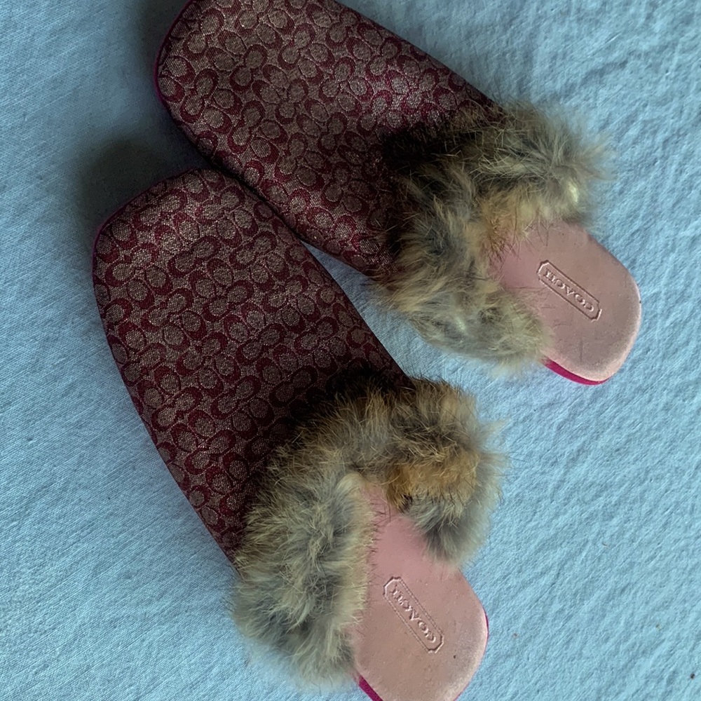 Coach monogram slippers with fur trim